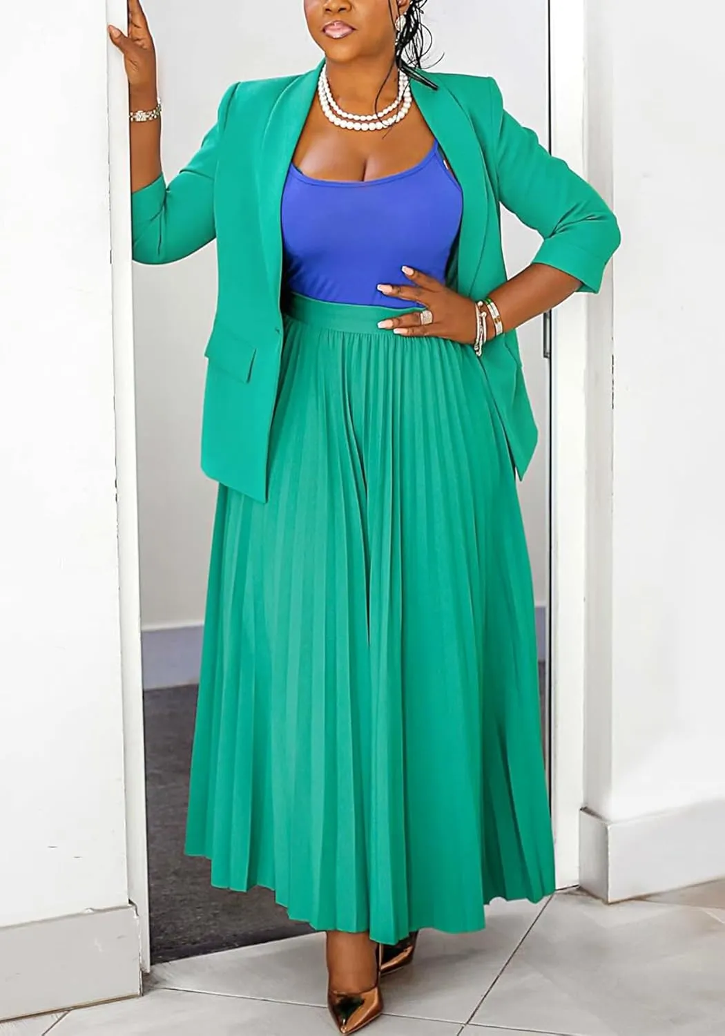 Church Suits for Women 2 Piece Skirt Sets Business Plus Size Long Sleeve Blazers and Pleated Maxi Skirts