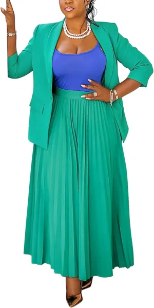 Church Suits for Women 2 Piece Skirt Sets Business Plus Size Long Sleeve Blazers and Pleated Maxi Skirts
