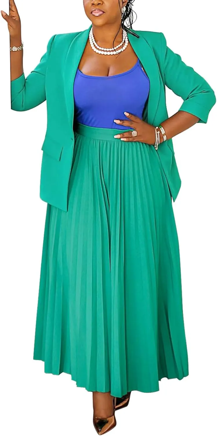 Church Suits for Women 2 Piece Skirt Sets Business Plus Size Long Sleeve Blazers and Pleated Maxi Skirts