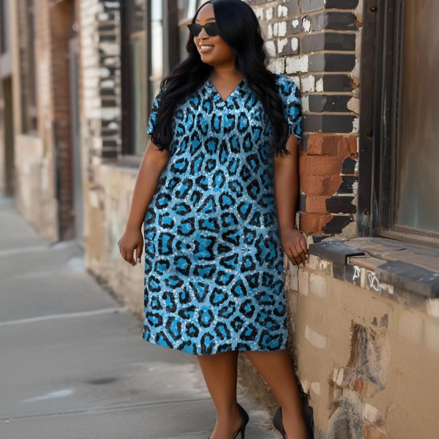 CLOHOMIN Short Sleeve Women Dresses V Neck Dress Plus Size L-5XL A Line Midi Dress Party Dress Knee Length Dress