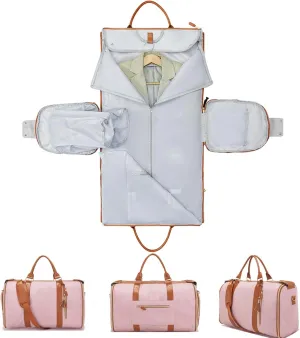 Convertible Carry On Garment Bag, Garment Duffle Bags for Travel, Foldable Garment Duffle Bag, 3 In 1 Garment Bags for Travel, Suit Travel Bags for Men Women Gifts for Retirement-Pink&Brown