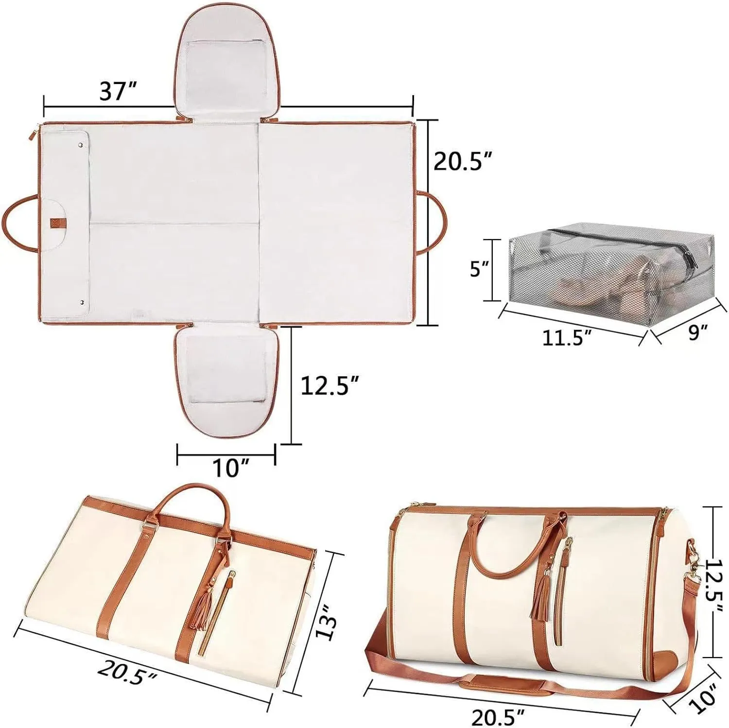 Convertible Garment Bags for Travel, Garment Bags for Travel, Garment Duffle Bags for Travel, Carry On Garment Bag, 2 In 1 Foldable Garment Duffle Bag-White