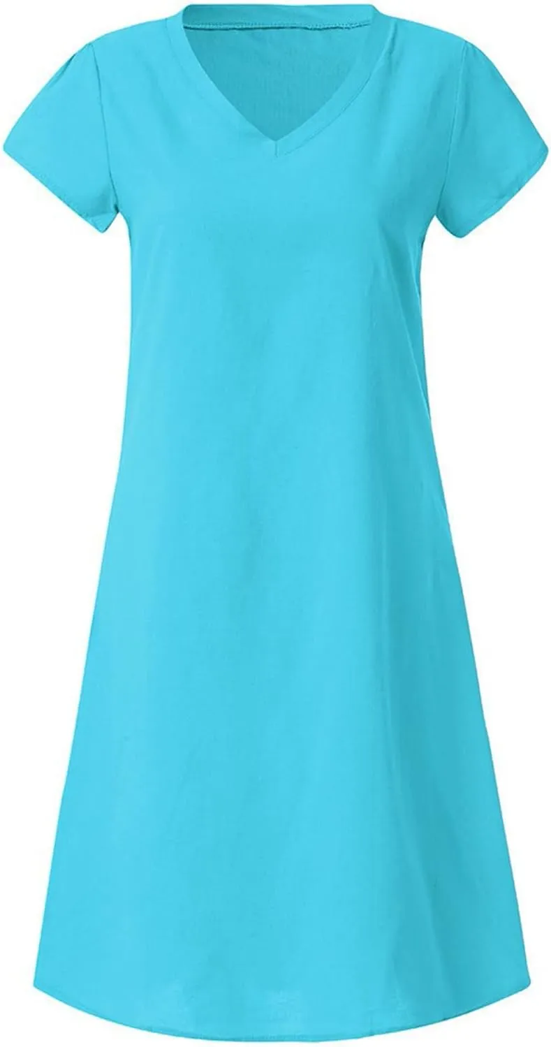Cotton Linen Dress for Women 2025 Casual Short Sleeve Knee Length Dresses Summer Vacation Fashion Sundresses