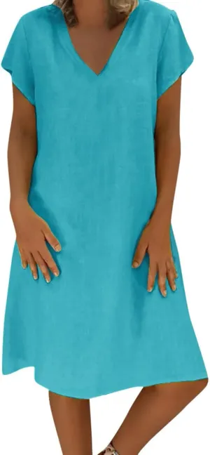 Cotton Linen Dress for Women 2025 Casual Short Sleeve Knee Length Dresses Summer Vacation Fashion Sundresses