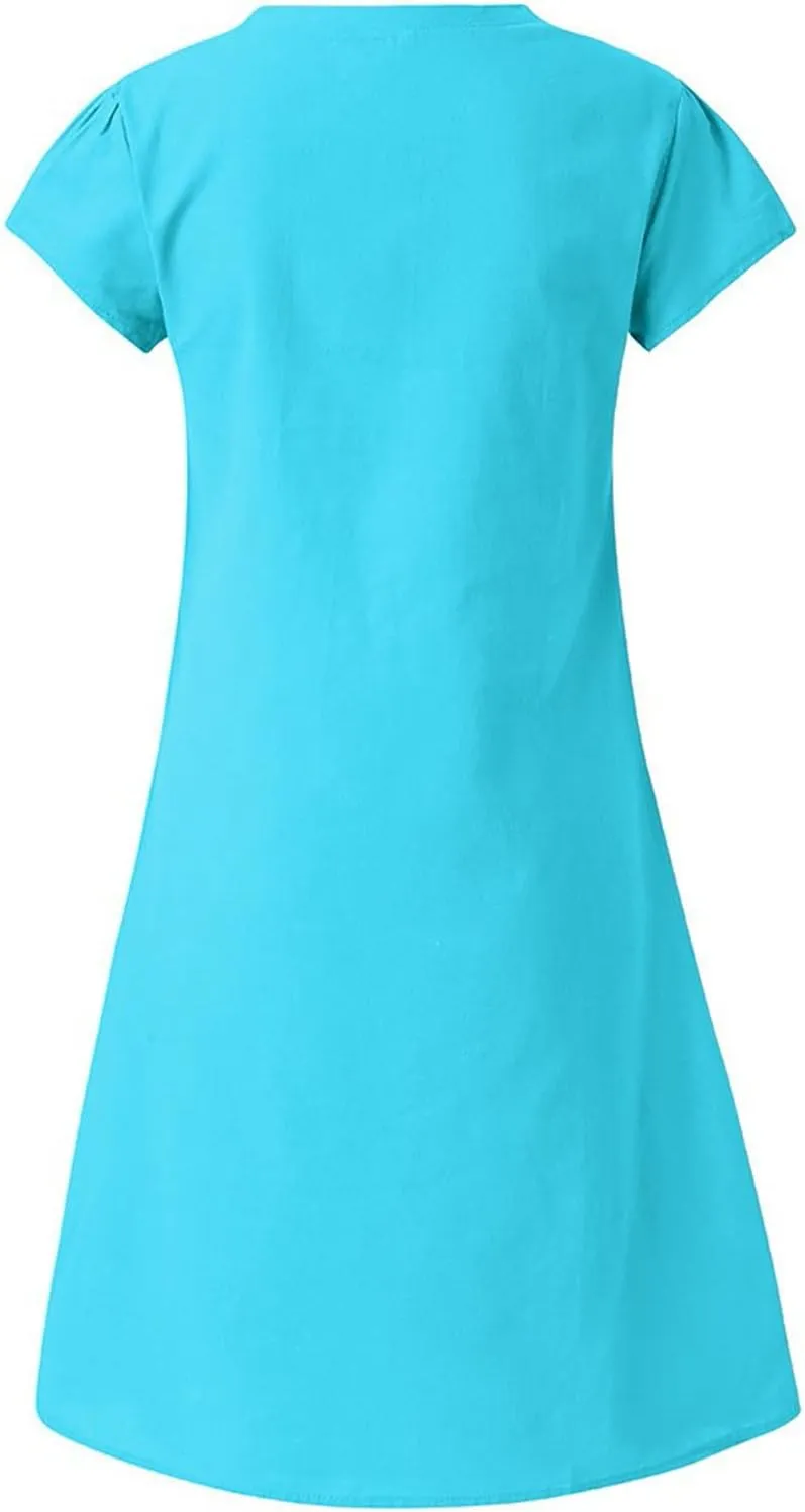Cotton Linen Dress for Women 2025 Casual Short Sleeve Knee Length Dresses Summer Vacation Fashion Sundresses