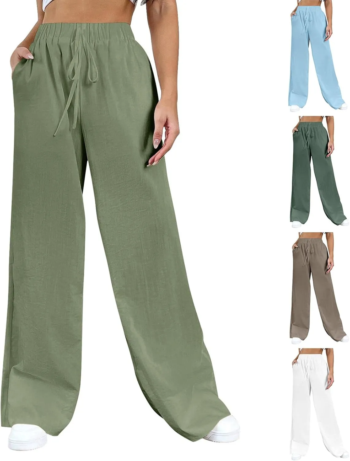Cotton Linen Pants Women Bootcut Linen Wide Leg Pants Elastic High Waisted Trousers Palazzo Pants Baggy Lounge Pants