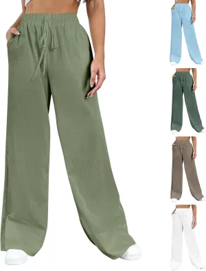 Cotton Linen Pants Women Bootcut Linen Wide Leg Pants Elastic High Waisted Trousers Palazzo Pants Baggy Lounge Pants