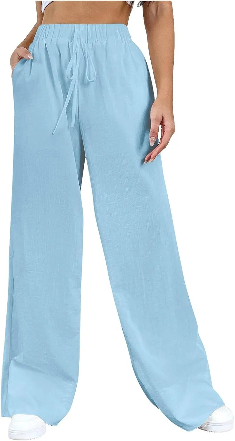 Cotton Linen Pants Women Bootcut Linen Wide Leg Pants Elastic High Waisted Trousers Palazzo Pants Baggy Lounge Pants
