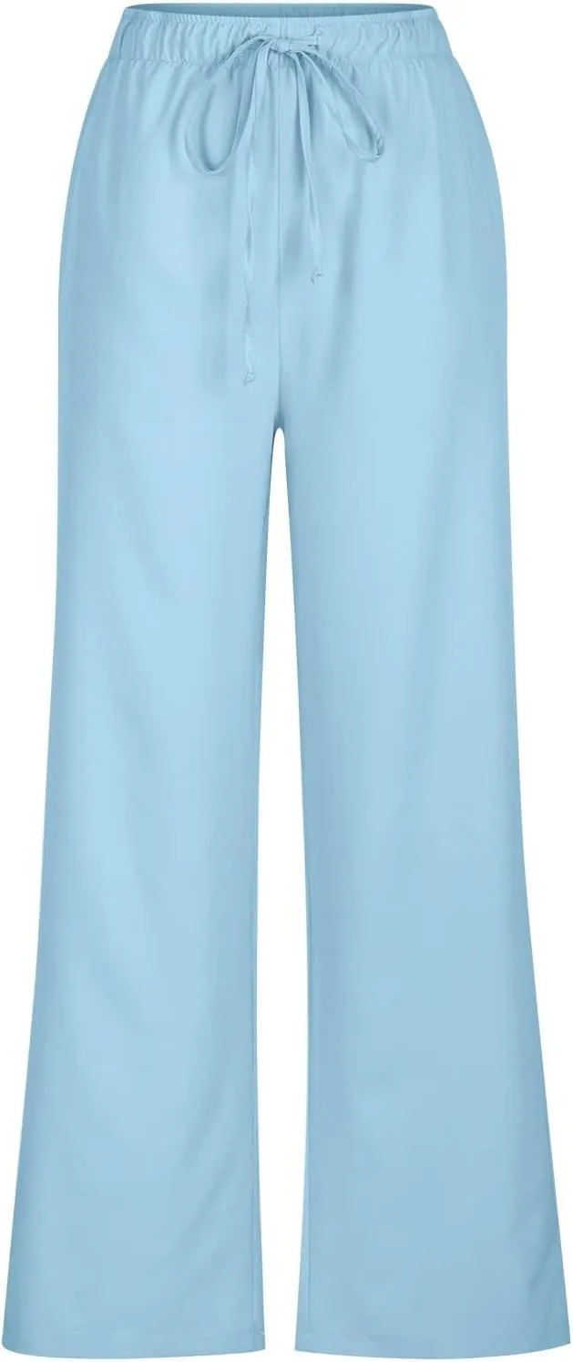 Cotton Linen Pants Women Bootcut Linen Wide Leg Pants Elastic High Waisted Trousers Palazzo Pants Baggy Lounge Pants