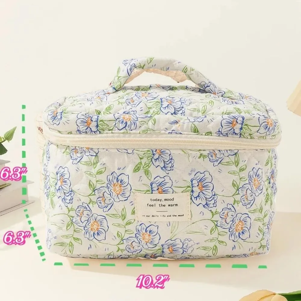 Cotton Quilted Travel Makeup Bag Women Girls Floral Graphic Coquette Large Cosmetic Toiletry Bags Cute Aesthetic Case Organizer Kits (Large02#Floral)