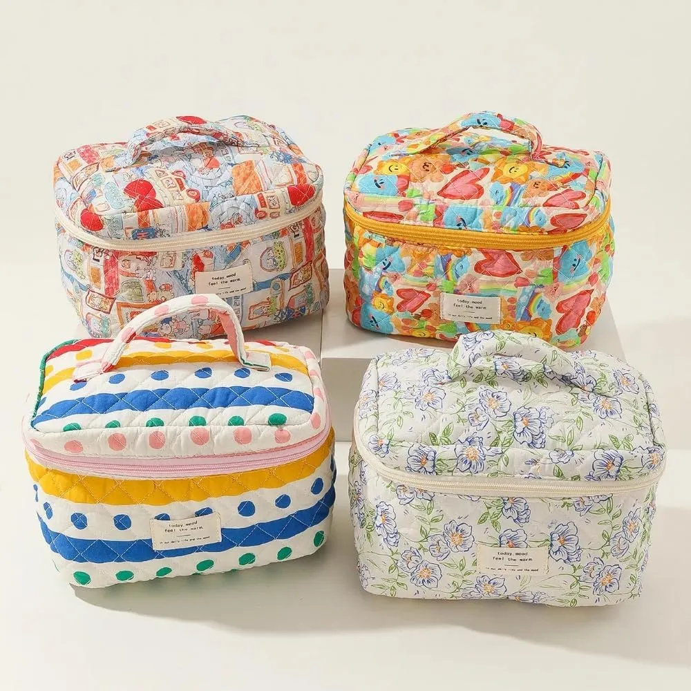 Cotton Quilted Travel Makeup Bag Women Girls Floral Graphic Coquette Large Cosmetic Toiletry Bags Cute Aesthetic Case Organizer Kits (Large02#Floral)