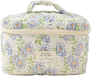 Cotton Quilted Travel Makeup Bag Women Girls Floral Graphic Coquette Large Cosmetic Toiletry Bags Cute Aesthetic Case Organizer Kits (Large02#Floral)