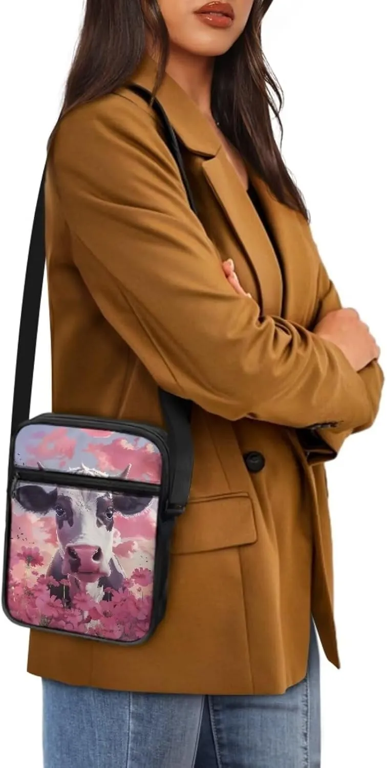 Cow Print Small Crossbody Shoulder Bag for Women Men Polyester Messenger Bags with Pockets
