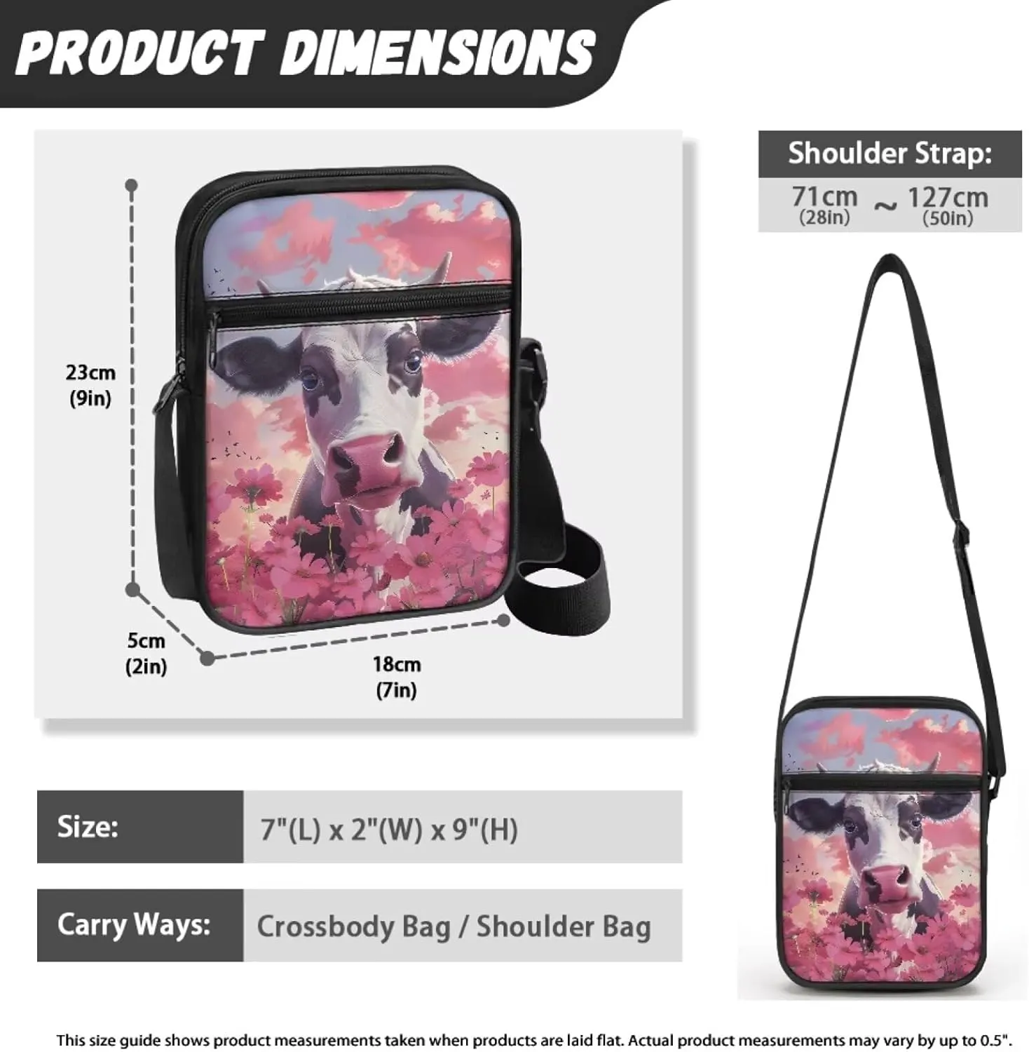 Cow Print Small Crossbody Shoulder Bag for Women Men Polyester Messenger Bags with Pockets