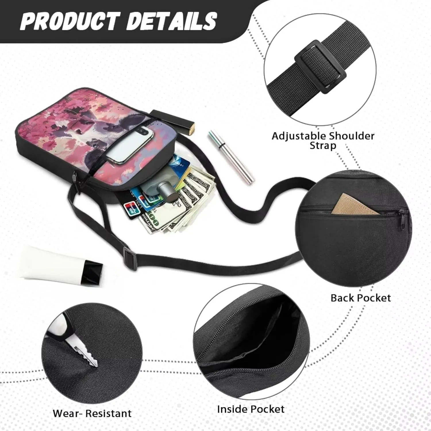 Cow Print Small Crossbody Shoulder Bag for Women Men Polyester Messenger Bags with Pockets