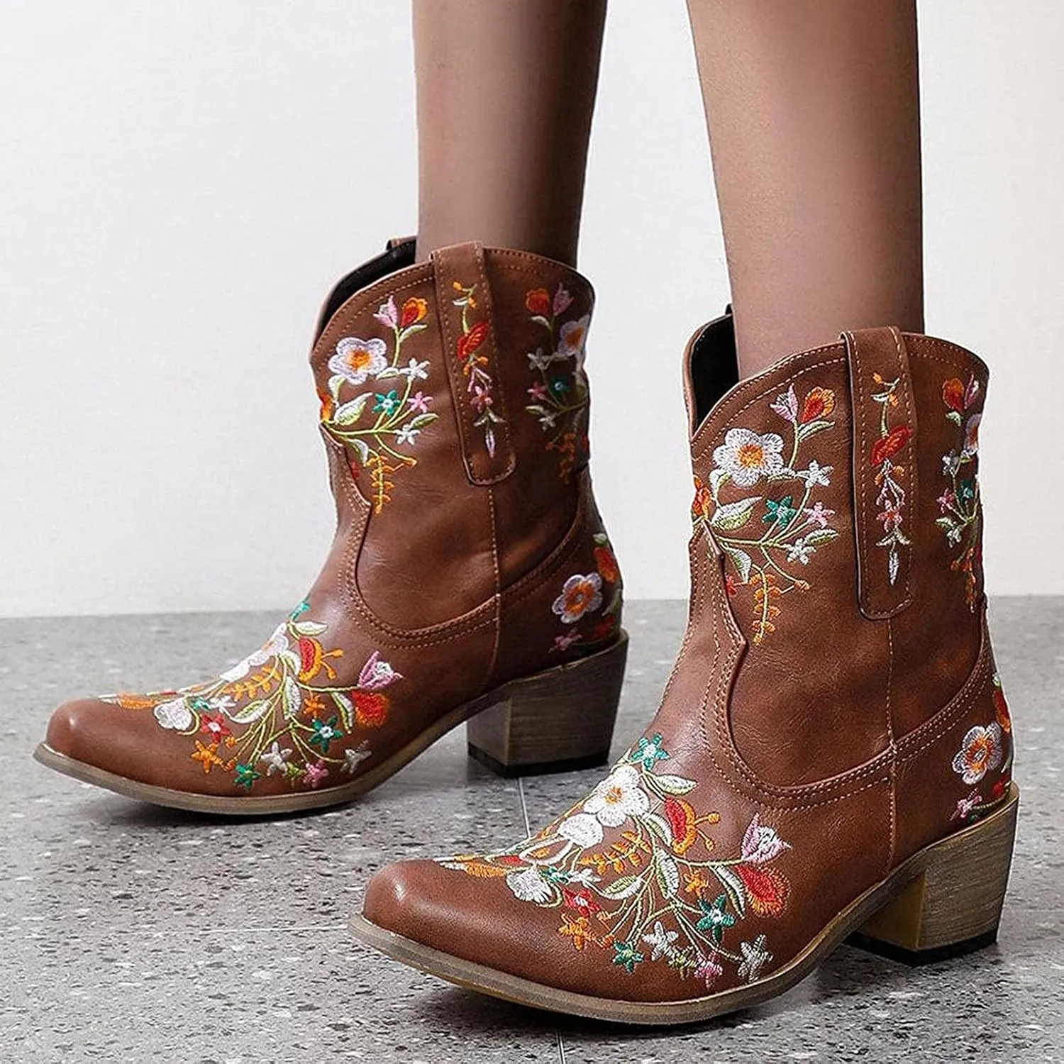 Cowboy Boots for Women Winter Boots for Women Wide Calf Boots, Ankle Boots for Women Embroidered Flower Short Boots