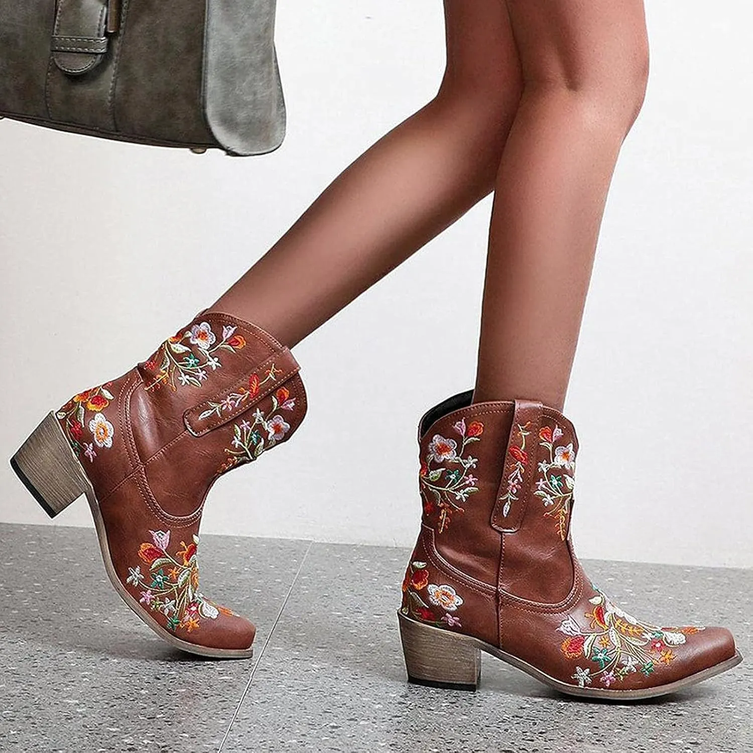 Cowboy Boots for Women Winter Boots for Women Wide Calf Boots, Ankle Boots for Women Embroidered Flower Short Boots