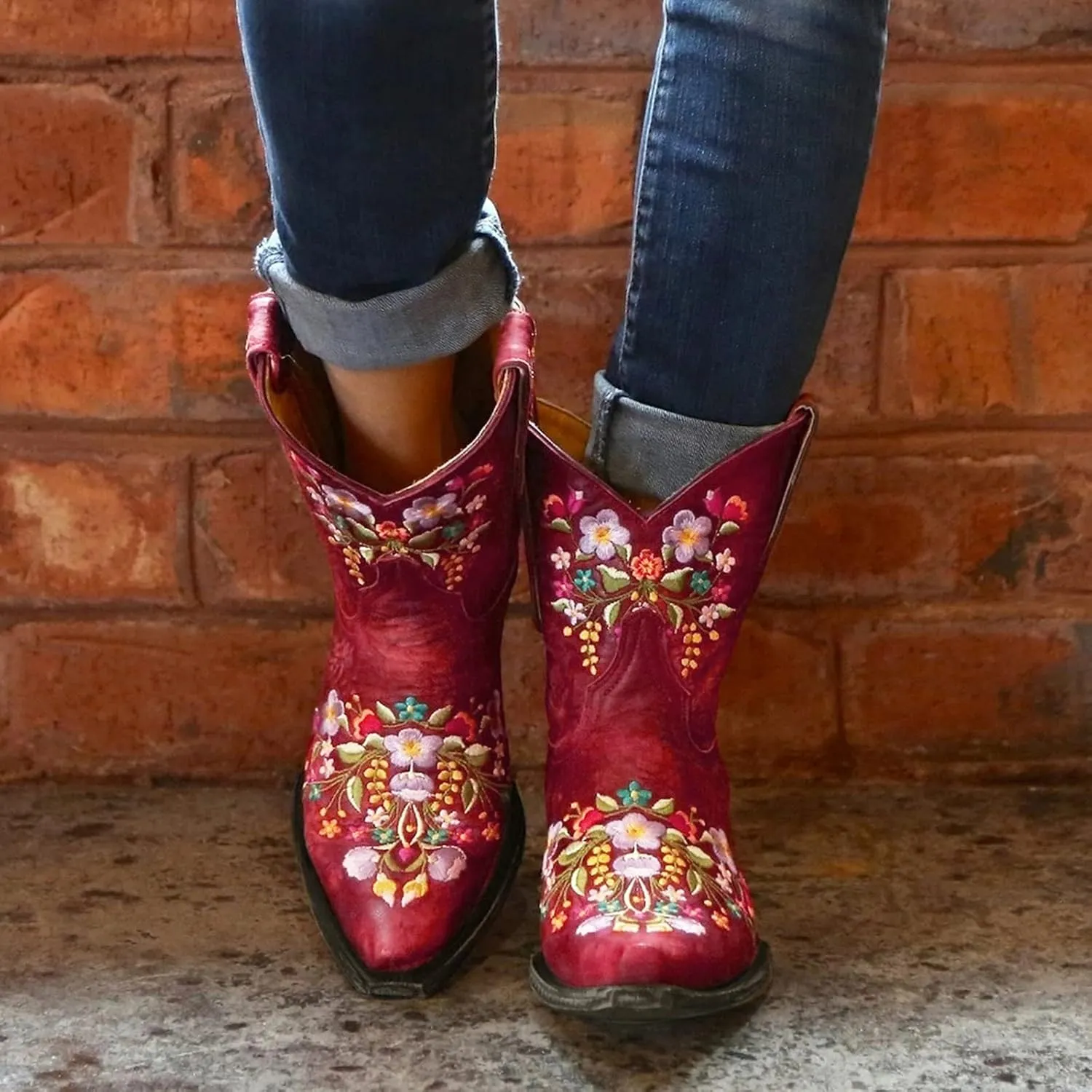 Cowboy Boots for Women Winter Boots for Women Wide Calf Boots, Ankle Boots for Women Embroidered Flower Short Boots