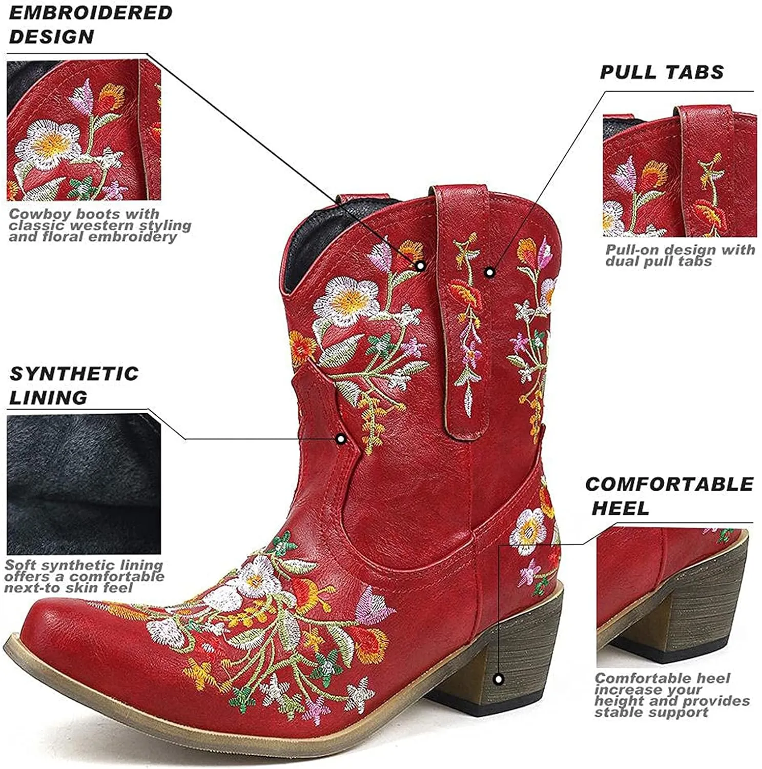 Cowboy Boots for Women Winter Boots for Women Wide Calf Boots, Ankle Boots for Women Embroidered Flower Short Boots
