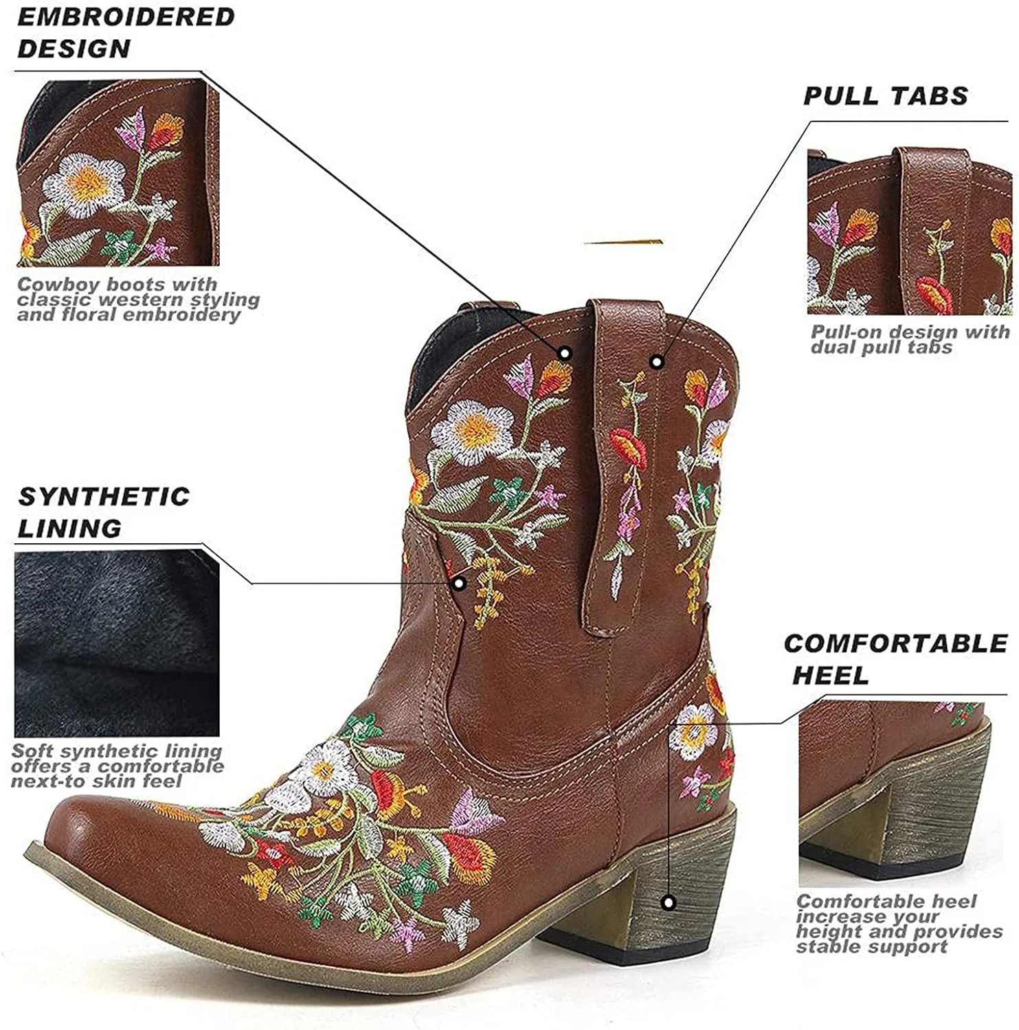 Cowboy Boots for Women Winter Boots for Women Wide Calf Boots, Ankle Boots for Women Embroidered Flower Short Boots