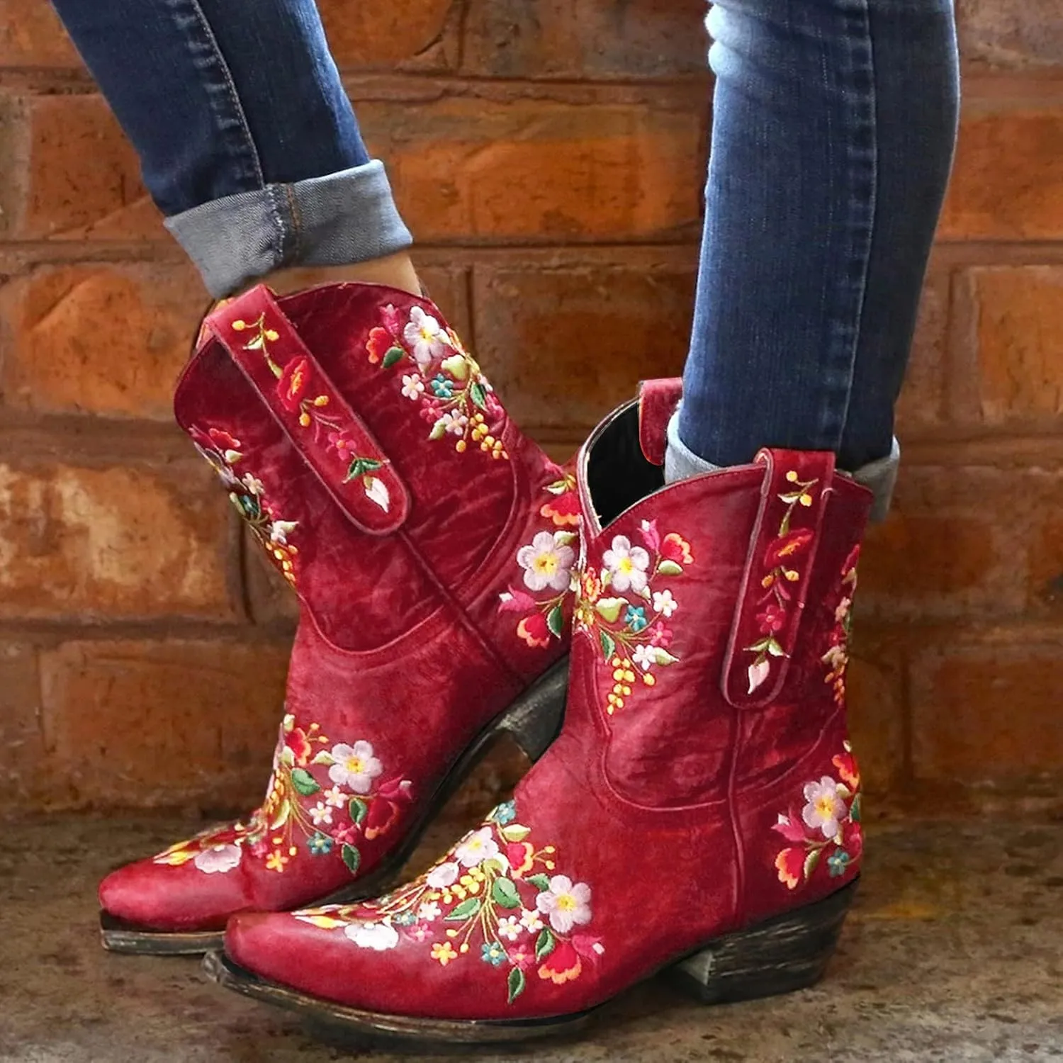 Cowboy Boots for Women Winter Boots for Women Wide Calf Boots, Ankle Boots for Women Embroidered Flower Short Boots