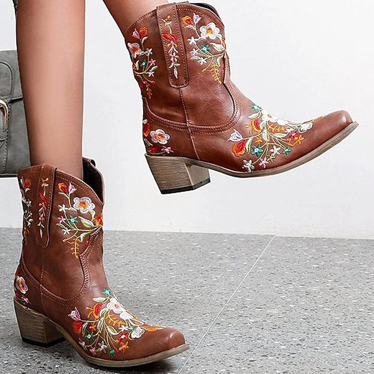 Cowboy Boots for Women Winter Boots for Women Wide Calf Boots, Ankle Boots for Women Embroidered Flower Short Boots