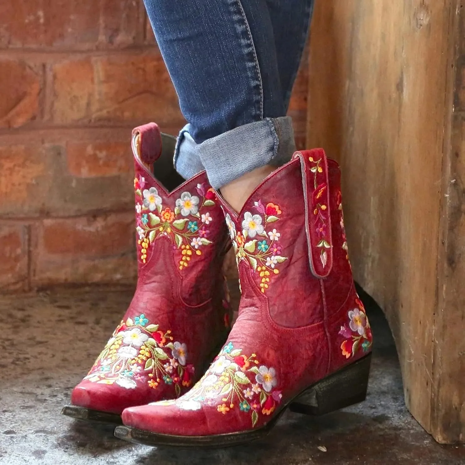 Cowboy Boots for Women Winter Boots for Women Wide Calf Boots, Ankle Boots for Women Embroidered Flower Short Boots