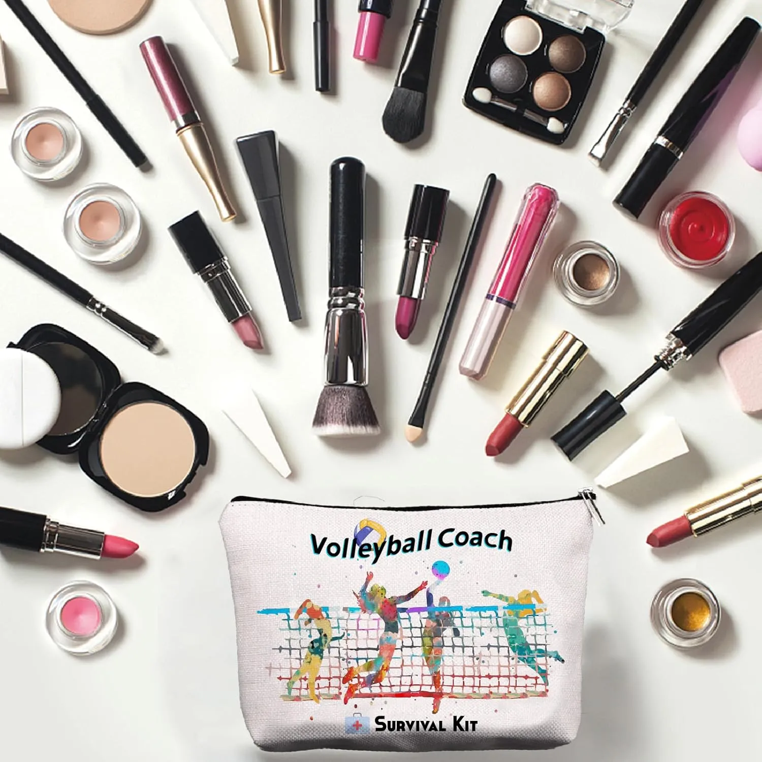 CREATCABIN Volleyball Coach Survival Kit Canvas Makeup Bags Cosmetic Bag Multi Purpose Pen Case Toiletry Travel Bag Purse Pouches for Inspired Players Sports Lovers Teacher Thank Gifts 10 x 7Inch