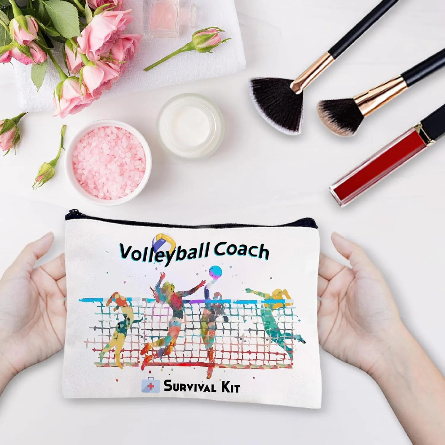 CREATCABIN Volleyball Coach Survival Kit Canvas Makeup Bags Cosmetic Bag Multi Purpose Pen Case Toiletry Travel Bag Purse Pouches for Inspired Players Sports Lovers Teacher Thank Gifts 10 x 7Inch