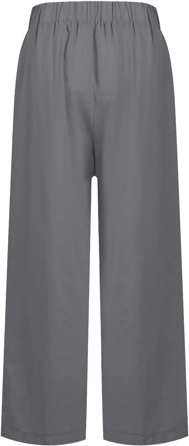 Cropped Linen Pants Women Plus Size Lightweight Summer Pants Straight Wide Leg Crop Pants Beach Pants with Pockets