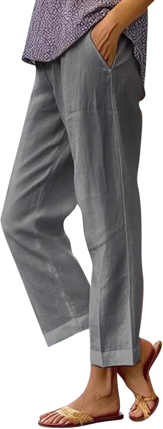 Cropped Linen Pants Women Plus Size Lightweight Summer Pants Straight Wide Leg Crop Pants Beach Pants with Pockets