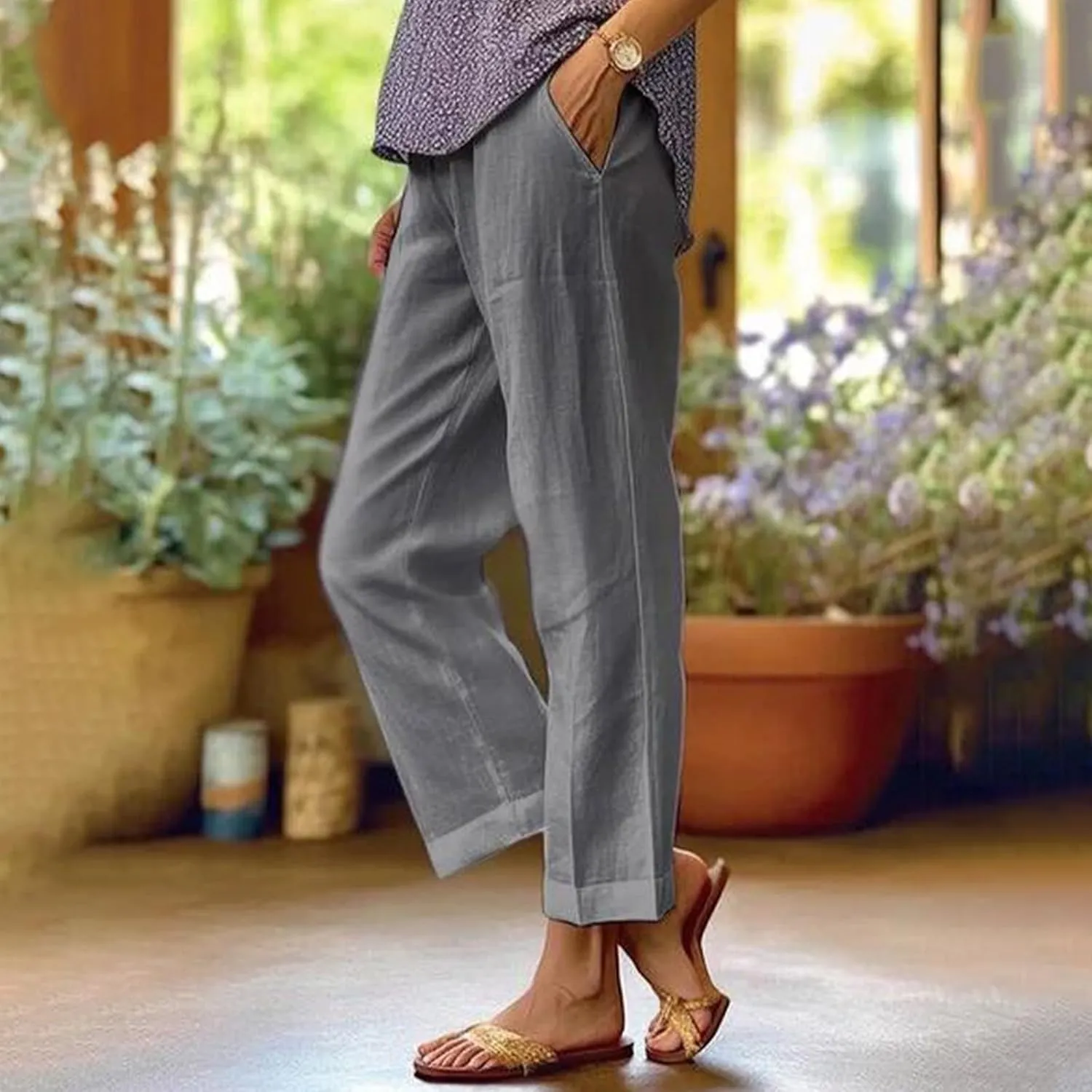 Cropped Linen Pants Women Plus Size Lightweight Summer Pants Straight Wide Leg Crop Pants Beach Pants with Pockets