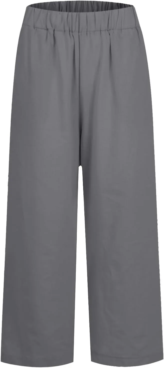 Cropped Linen Pants Women Plus Size Lightweight Summer Pants Straight Wide Leg Crop Pants Beach Pants with Pockets