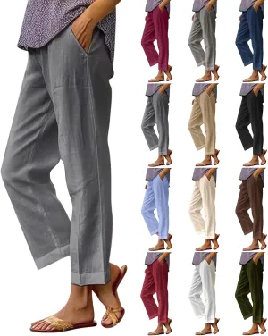 Cropped Linen Pants Women Plus Size Lightweight Summer Pants Straight Wide Leg Crop Pants Beach Pants with Pockets