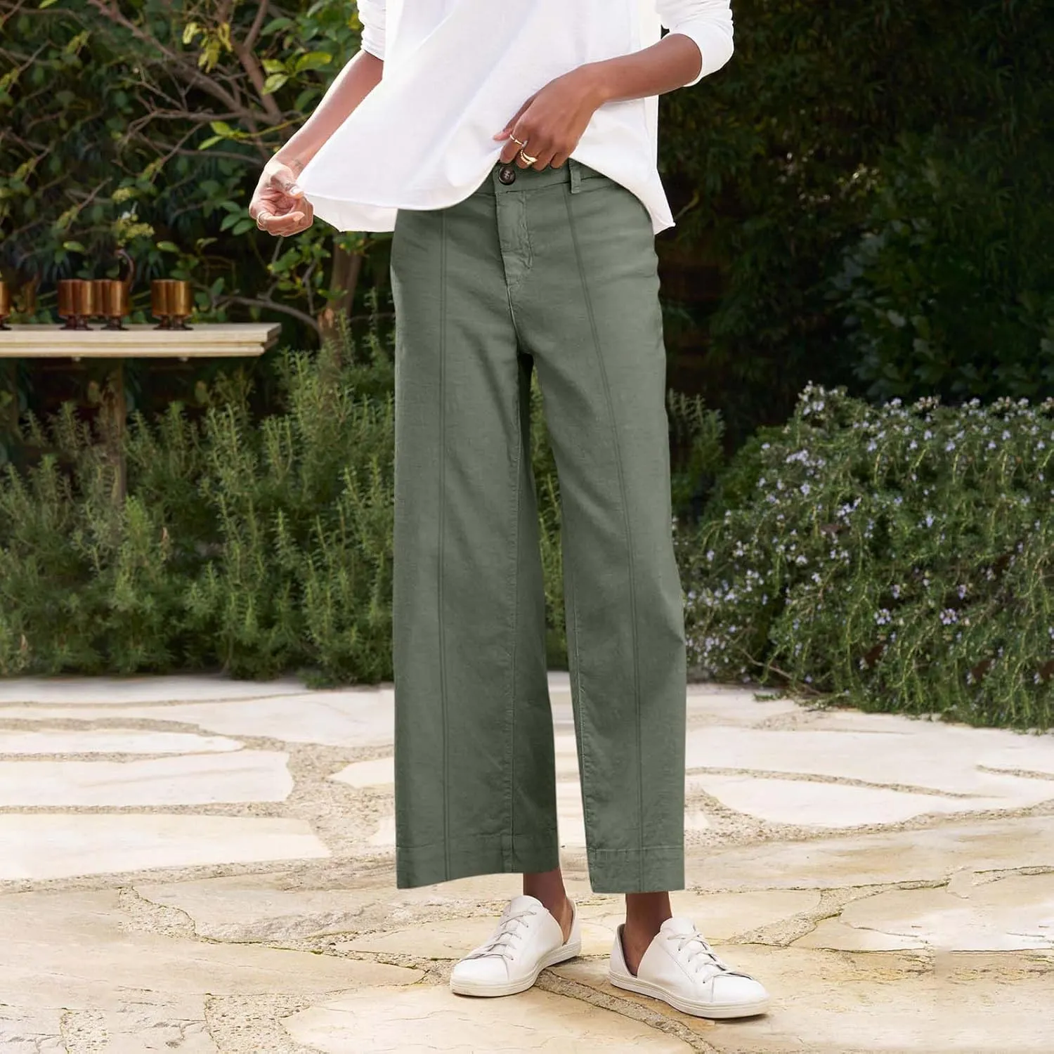 Cropped Linen Pants Women Summer Flare Wide Leg Pants High Waisted Work Pants Business Casual Bootcut Trouser Pants