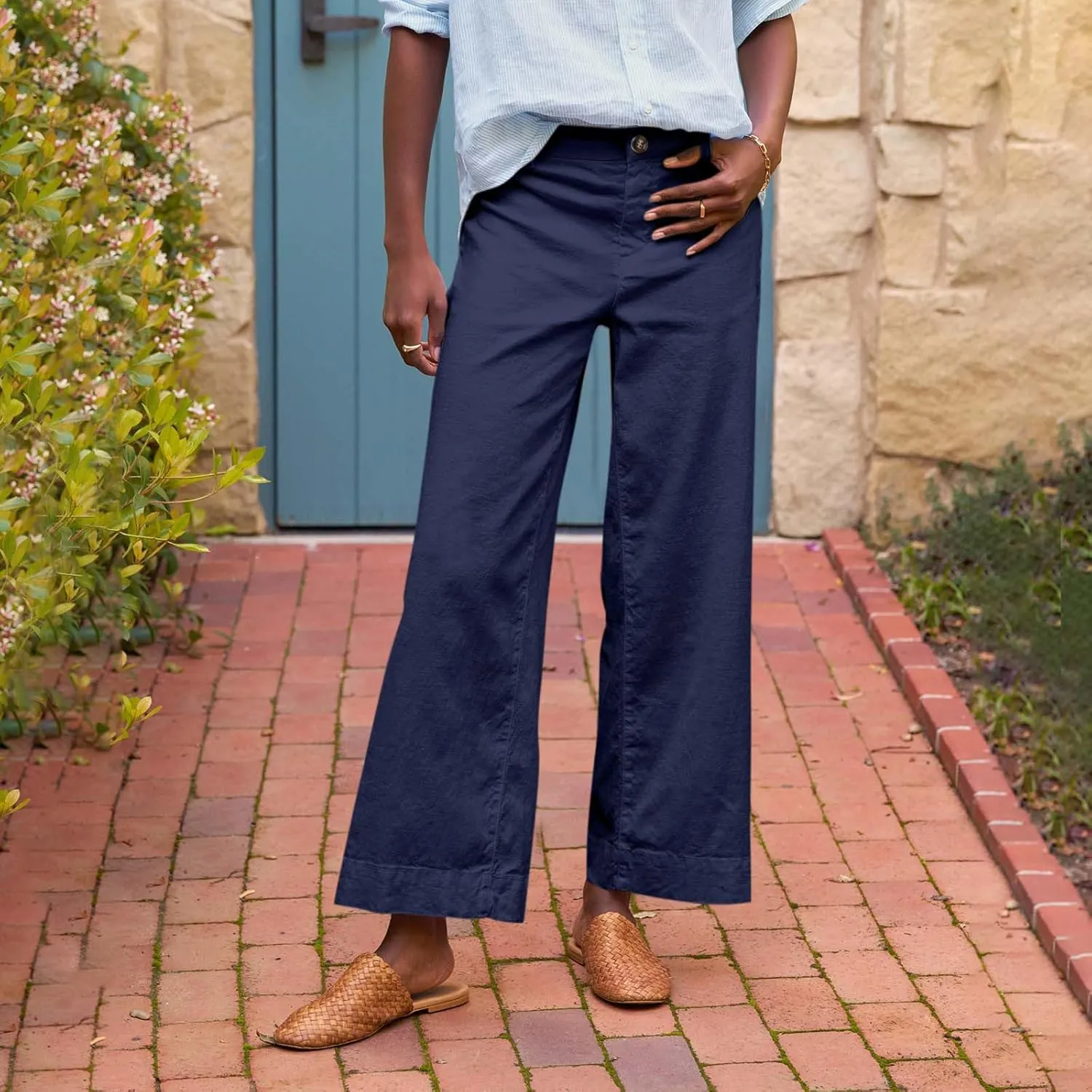 Cropped Linen Pants Women Summer Flare Wide Leg Pants High Waisted Work Pants Business Casual Bootcut Trouser Pants