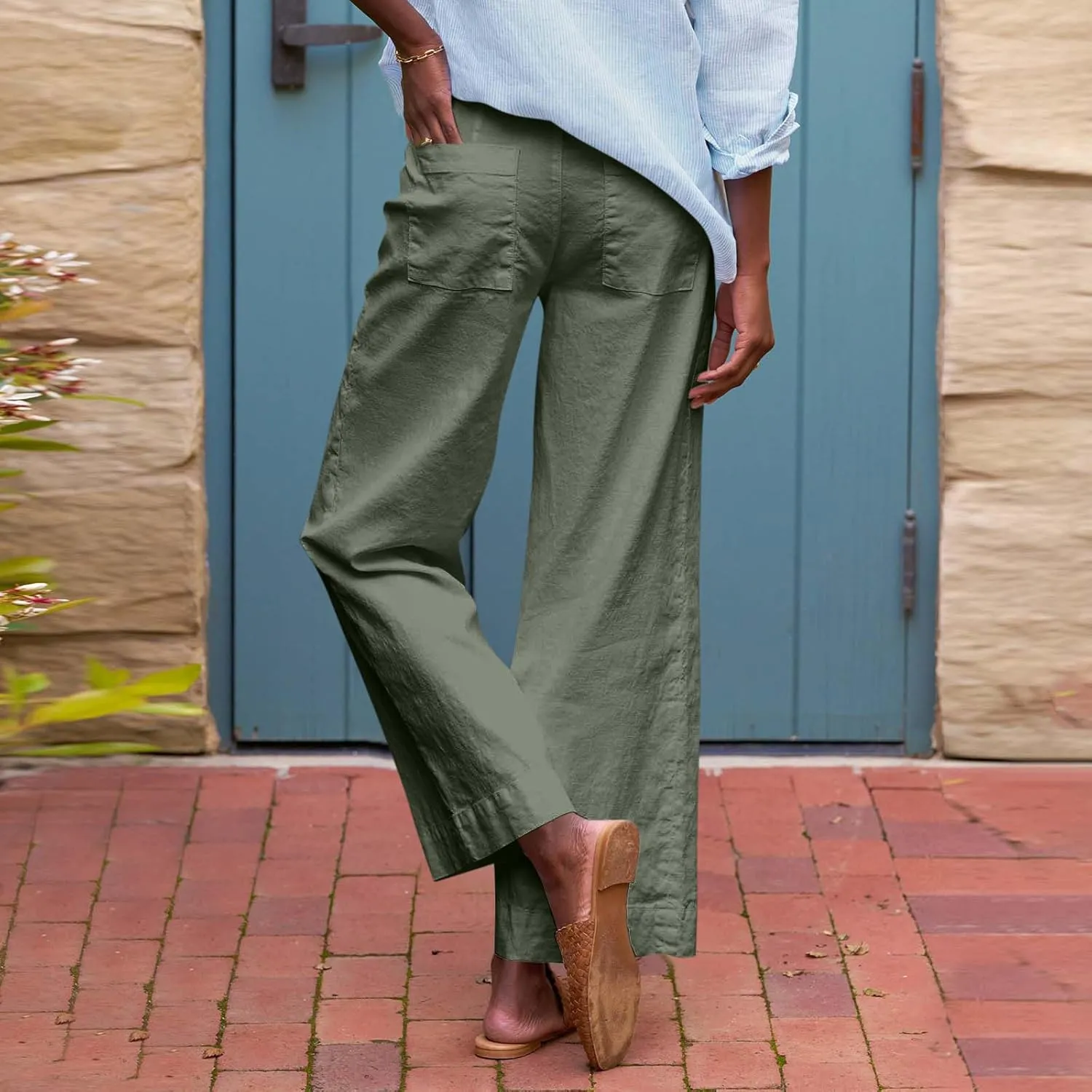 Cropped Linen Pants Women Summer Flare Wide Leg Pants High Waisted Work Pants Business Casual Bootcut Trouser Pants