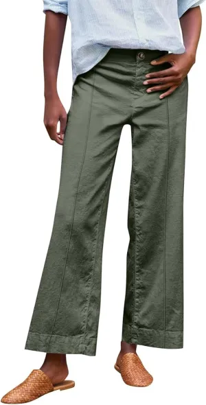Cropped Linen Pants Women Summer Flare Wide Leg Pants High Waisted Work Pants Business Casual Bootcut Trouser Pants