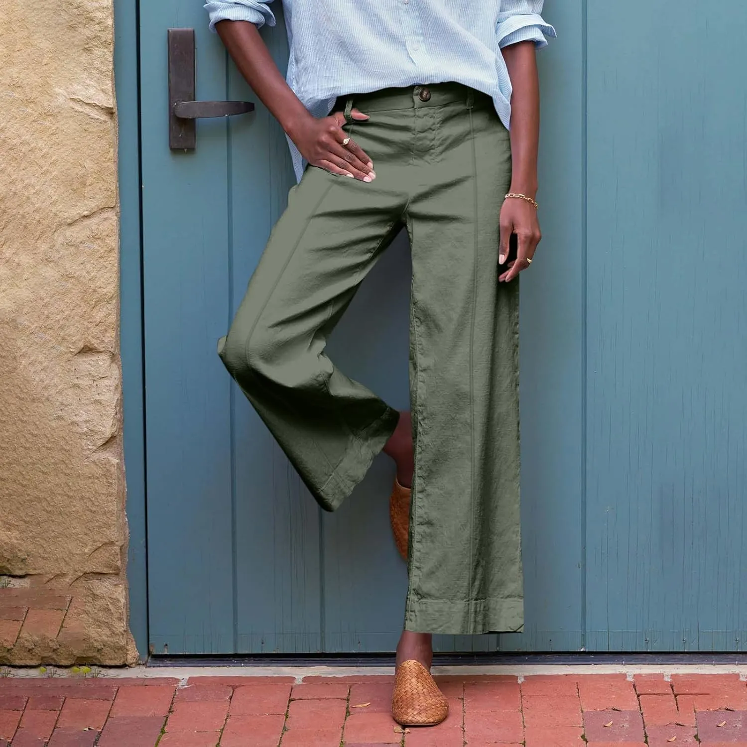 Cropped Linen Pants Women Summer Flare Wide Leg Pants High Waisted Work Pants Business Casual Bootcut Trouser Pants