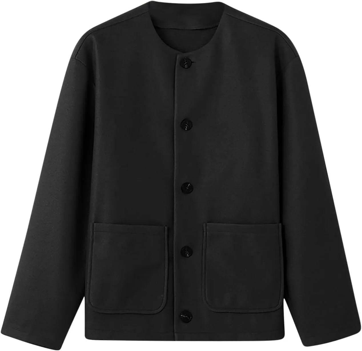 Cropped Trench Coat for Men Wool Blend Winter Jacket Fashion Crewneck Collarless Button Down Jackets with Pockets