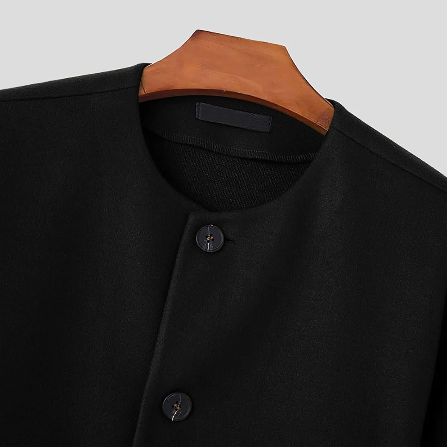 Cropped Trench Coat for Men Wool Blend Winter Jacket Fashion Crewneck Collarless Button Down Jackets with Pockets