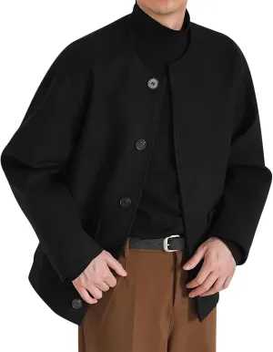 Cropped Trench Coat for Men Wool Blend Winter Jacket Fashion Crewneck Collarless Button Down Jackets with Pockets