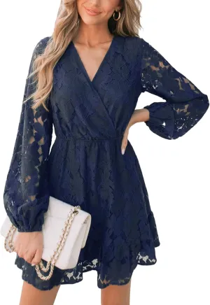 CUPSHE Women Elegant V Neck Lace Peasant Sleeve Summer Dress Elastic High Waist A Line Casual Wedding Guest Mini Dress