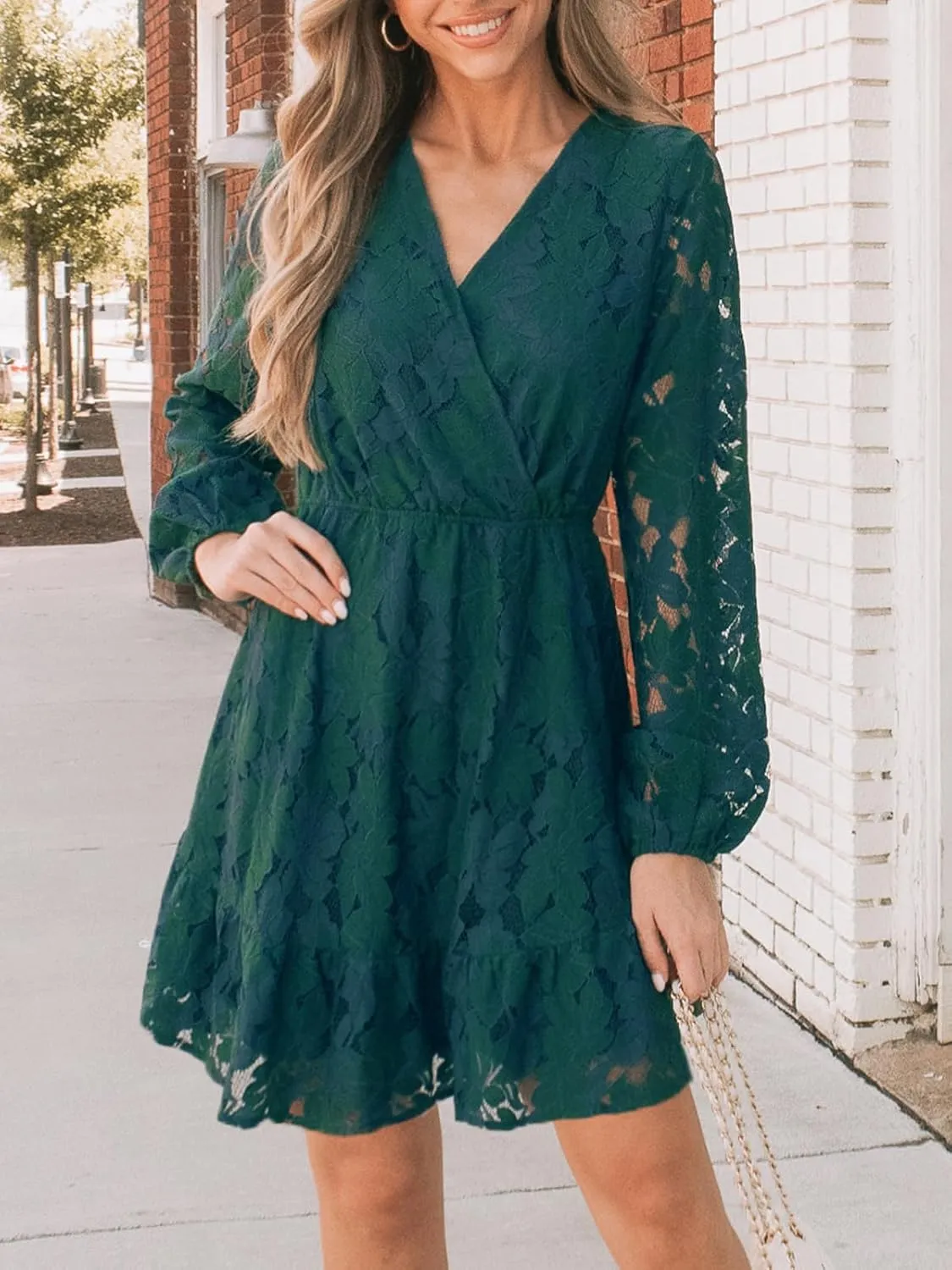 CUPSHE Women Elegant V Neck Lace Peasant Sleeve Summer Dress Elastic High Waist A Line Casual Wedding Guest Mini Dress
