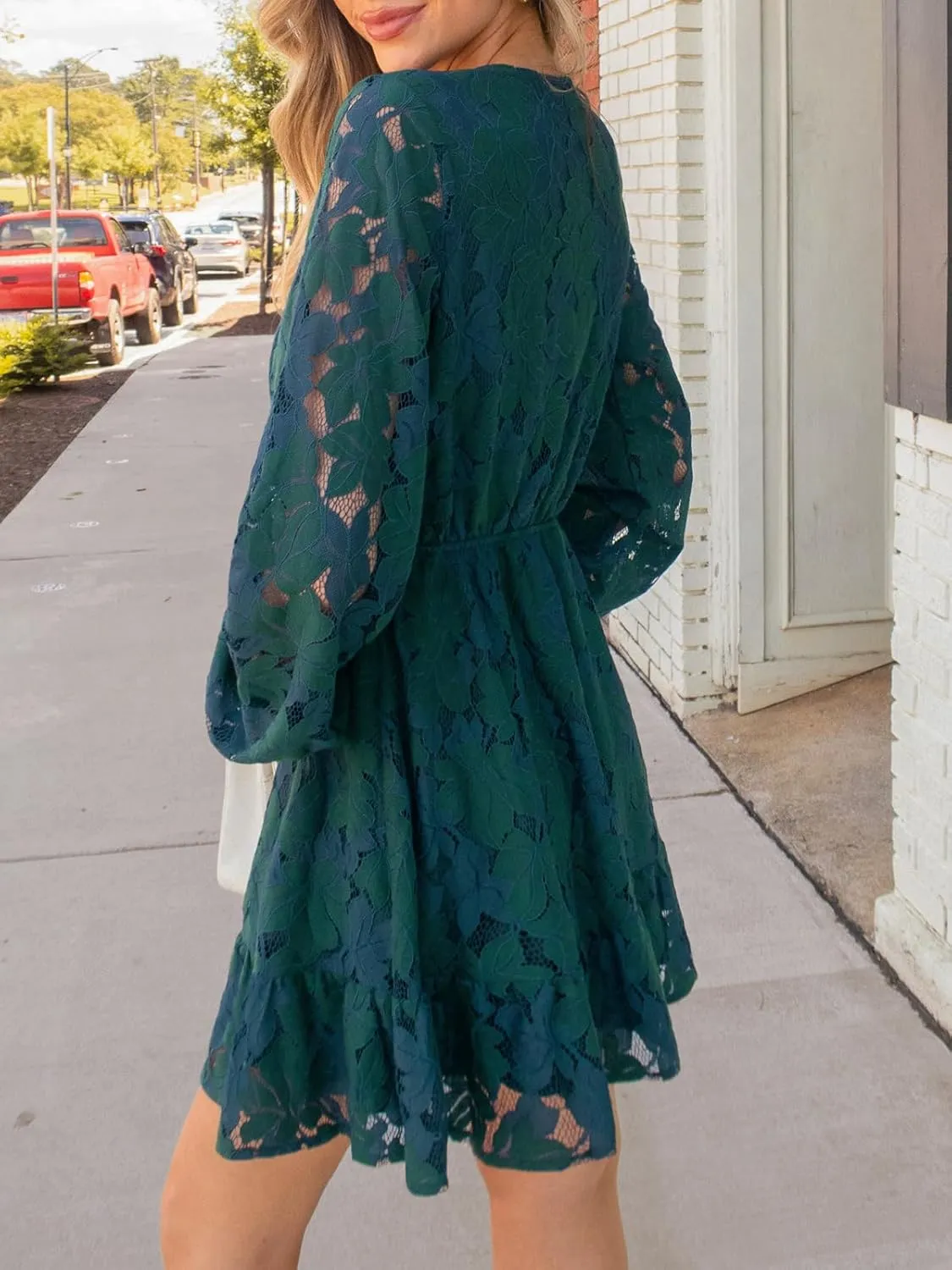 CUPSHE Women Elegant V Neck Lace Peasant Sleeve Summer Dress Elastic High Waist A Line Casual Wedding Guest Mini Dress