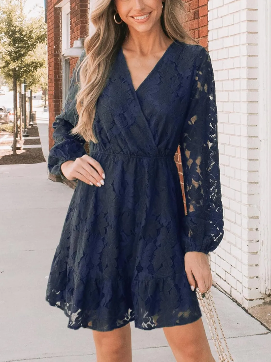 CUPSHE Women Elegant V Neck Lace Peasant Sleeve Summer Dress Elastic High Waist A Line Casual Wedding Guest Mini Dress