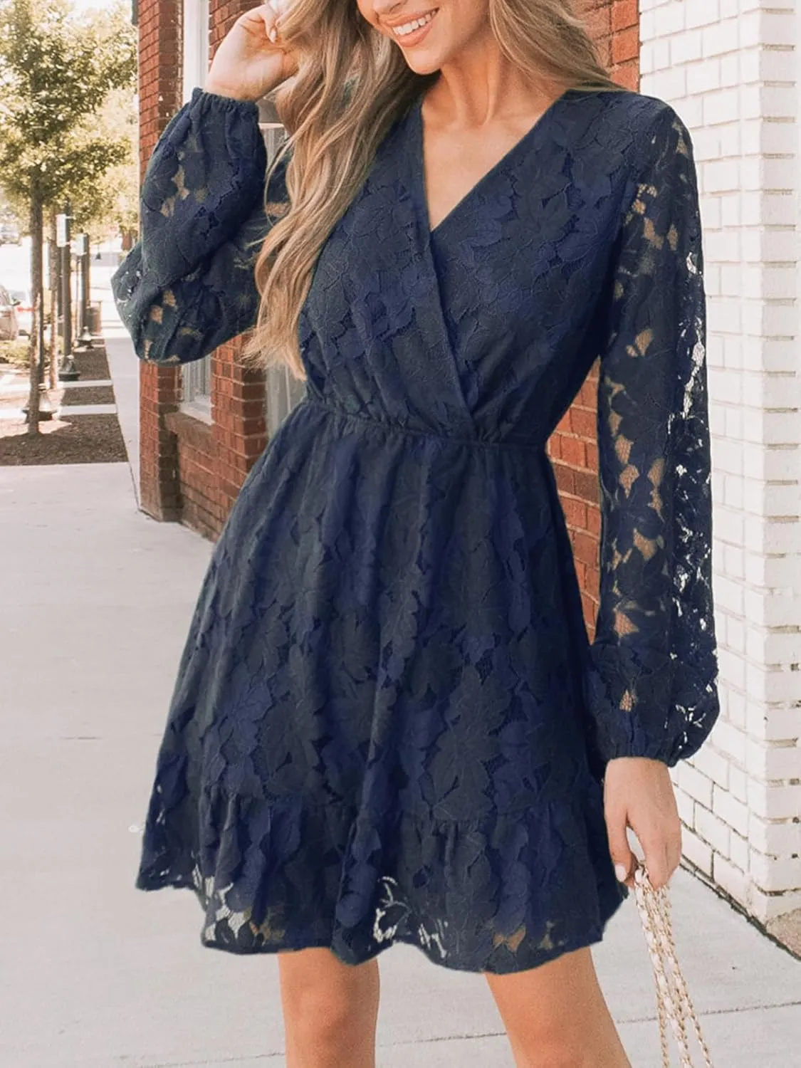 CUPSHE Women Elegant V Neck Lace Peasant Sleeve Summer Dress Elastic High Waist A Line Casual Wedding Guest Mini Dress