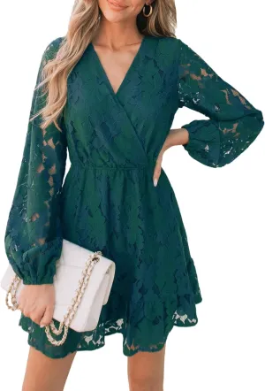 CUPSHE Women Elegant V Neck Lace Peasant Sleeve Summer Dress Elastic High Waist A Line Casual Wedding Guest Mini Dress