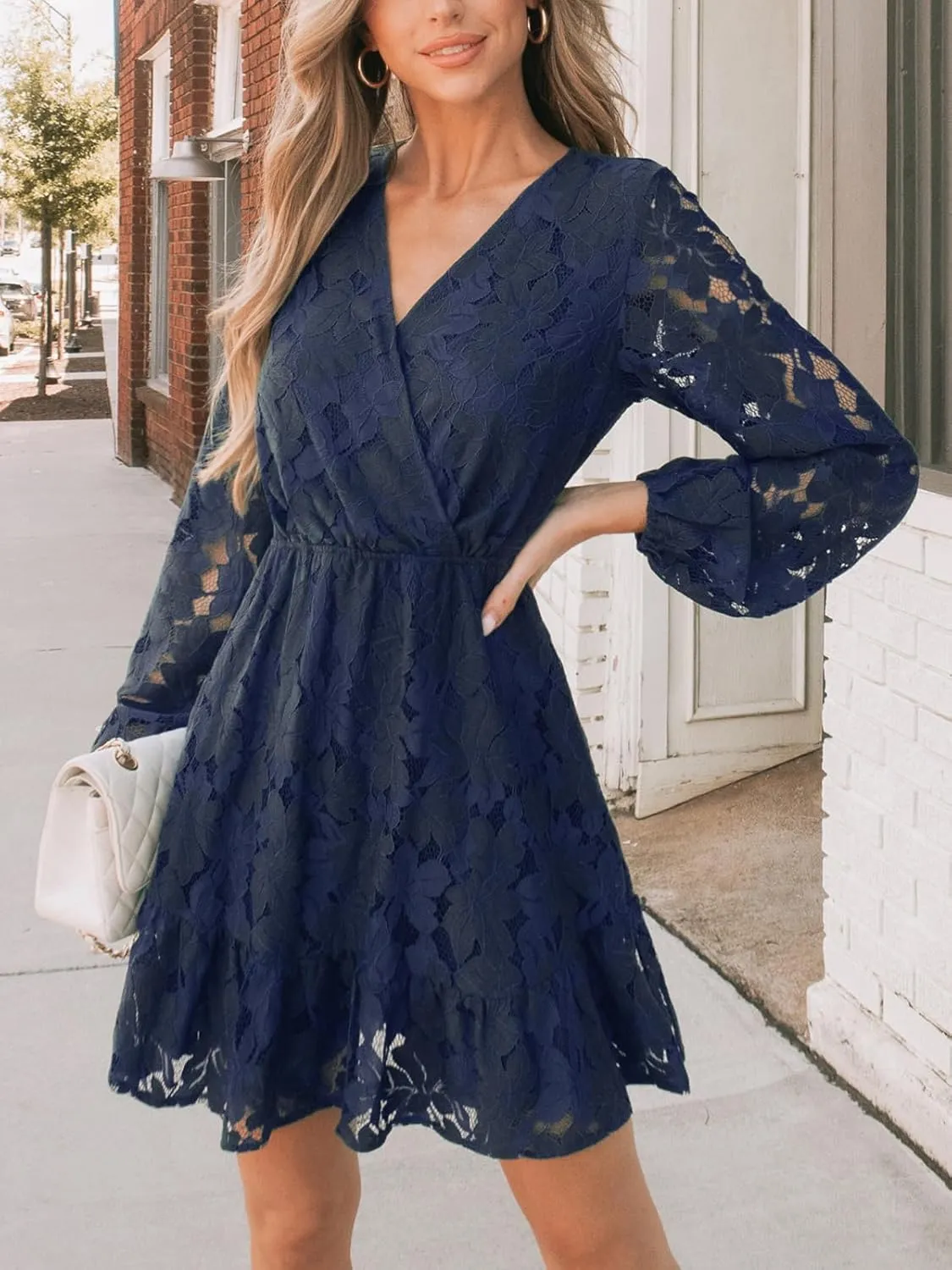 CUPSHE Women Elegant V Neck Lace Peasant Sleeve Summer Dress Elastic High Waist A Line Casual Wedding Guest Mini Dress