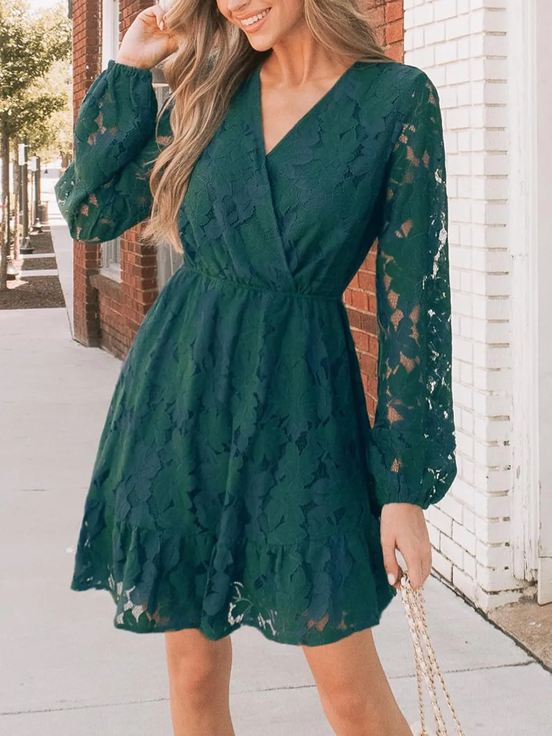 CUPSHE Women Elegant V Neck Lace Peasant Sleeve Summer Dress Elastic High Waist A Line Casual Wedding Guest Mini Dress